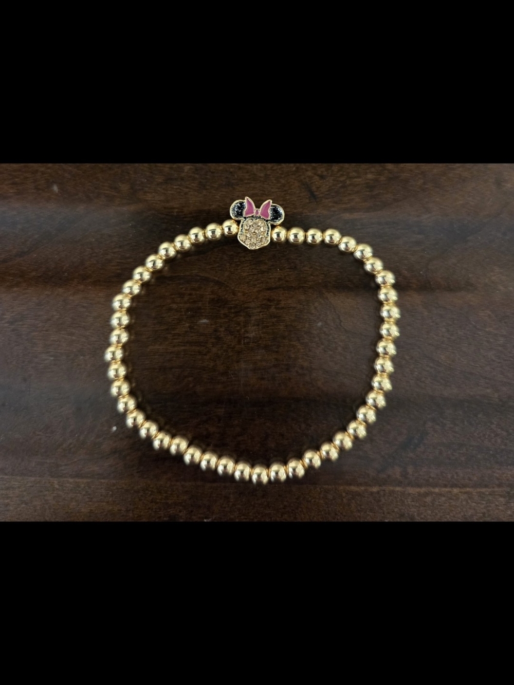New, Disney BaubleBar Gold Beaded Minnie Charm Bracelet with Pink Bow